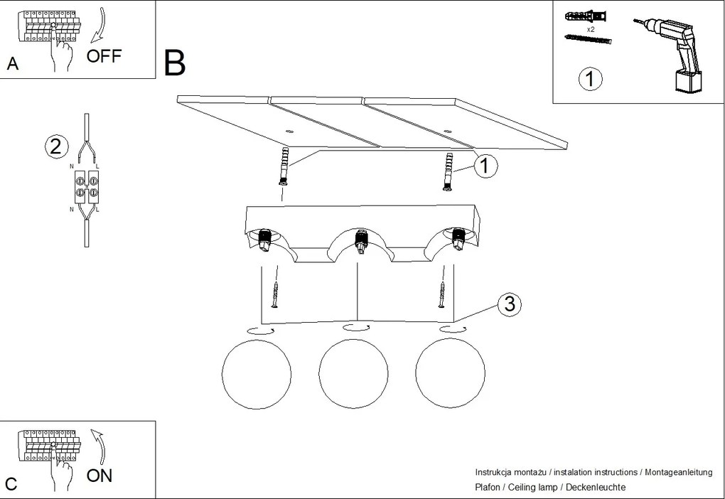 Stropné svietidlo Bulbo, 3x biele sklenené tienidlo, drevo