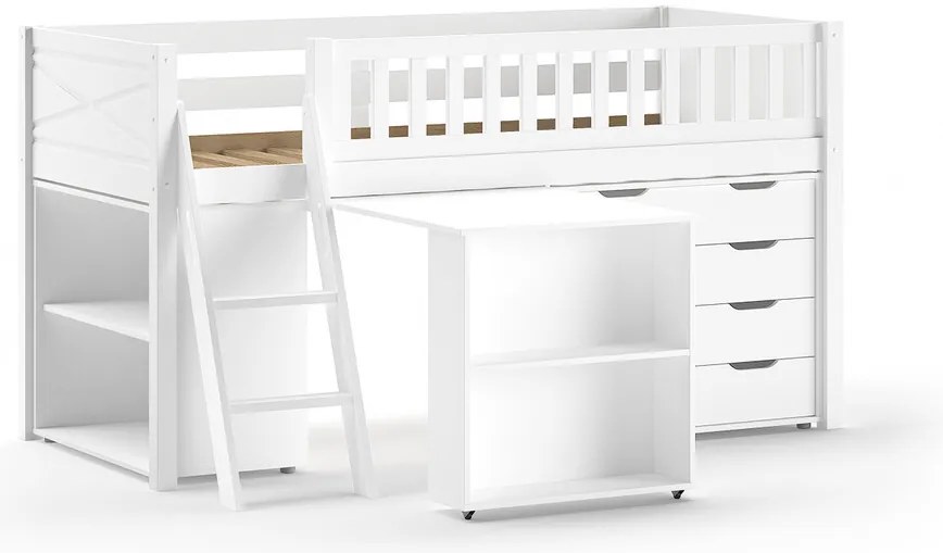 Detská vyvýšená postel Scott s knižnicou, stolíkom a komodou biela 90x200cm