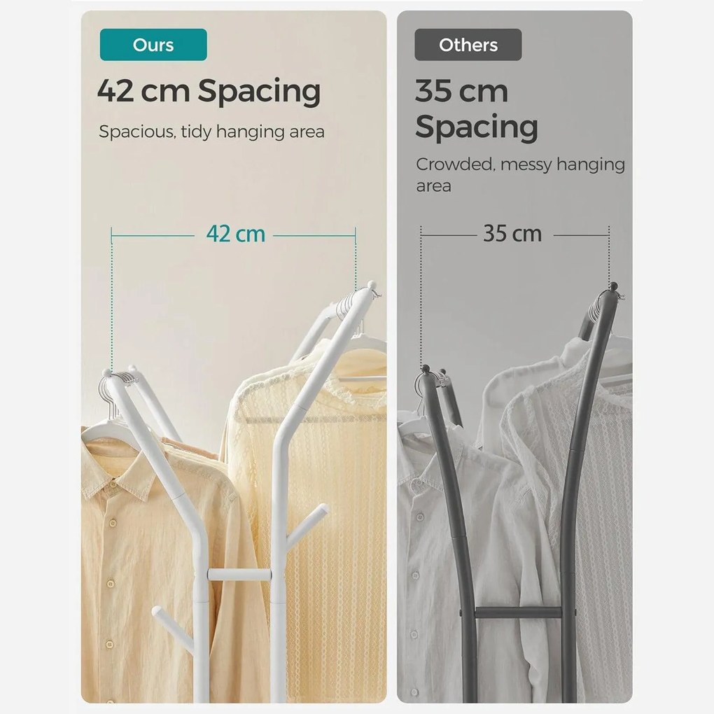 Stojan na šaty, dvojitá tyč, kovový, s policou, biely