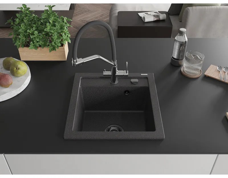 Mexen Vito, 1-komorový granitový drez 520x490x210 mm, drezová batéria Duo, čierna škvrnitá, 6503-76-671701-07-B
