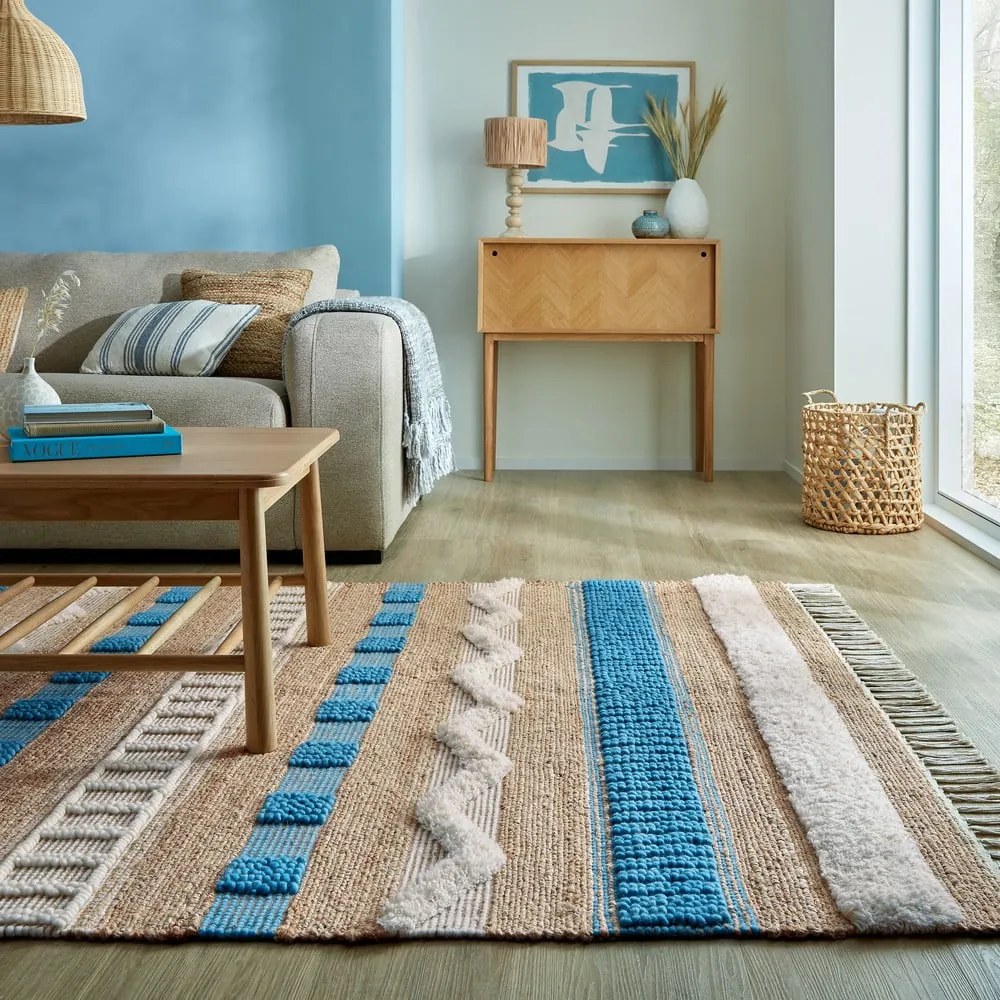 Ručne tkaný koberec s prímesou juty v modro-prírodnej farbe 120x170 cm Medina Jute - Flair Rugs