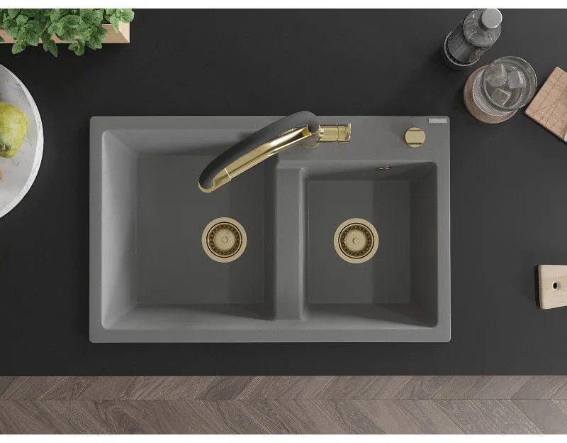 Mexen Tomas, 2-komorový granitový drez 800x500x190 mm a kuchynská batéria Duo, šedá, 6516-71-671701-57-G