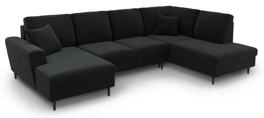 Čierna zamatová rozkladacia/s úložným priestorom rohová pohovka (pravý roh/do "U") Kyoto – Cosmopolitan Design