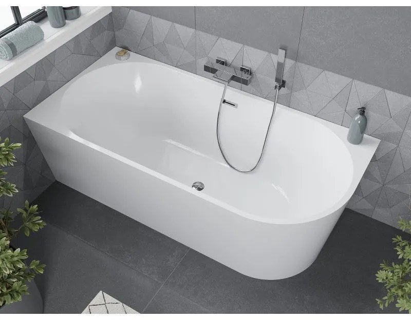 Mexen Mia, voľne stojaca rohová vaňa, lavá, 160 x 75 cm, biela, chrómový prepad, 52691607500L-01