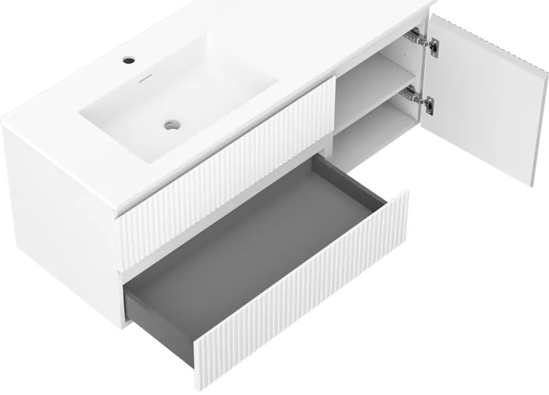Mexen Rivel, kúpeľňová skrinka 120 cm s ľavým umývadlom Otis, 2S, 1D, drážkovaná, biela matná, 91A23-12047-3-BBFFF01-W18L01