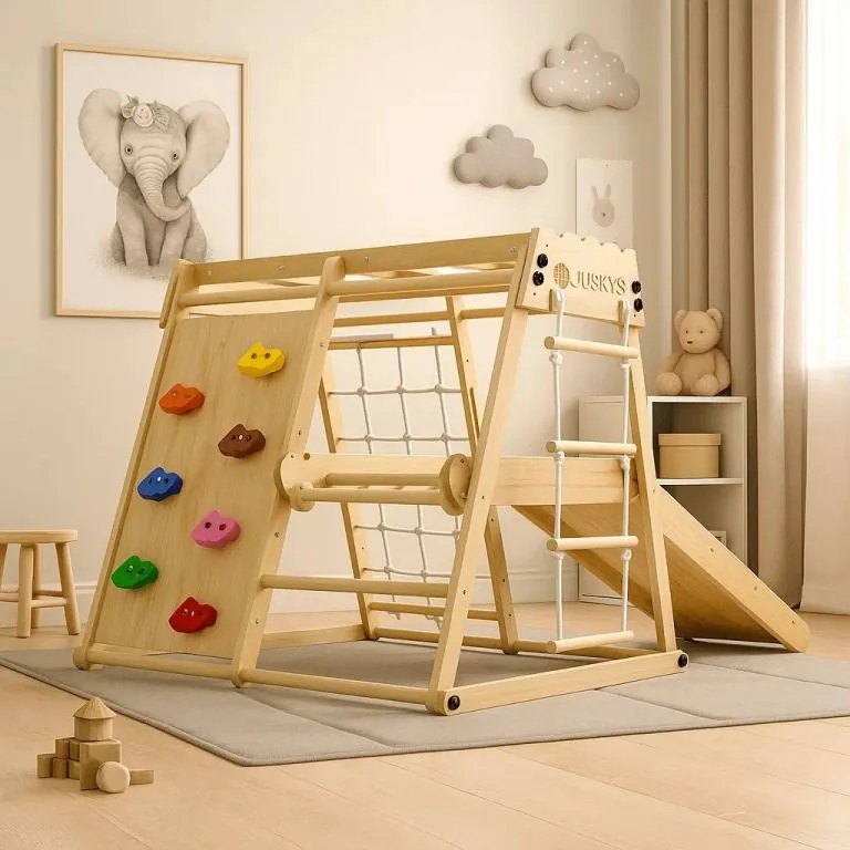 Detské vnútorné drevené ihrisko so šmykľavkou, lezeckou sten