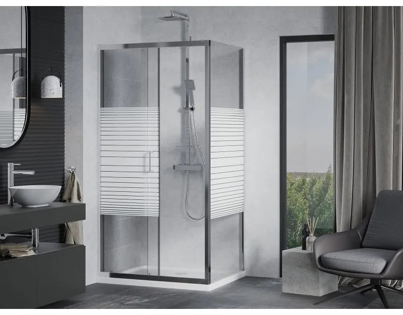 Mexen Apia, sprchový kút s posuvnými dverami 140 (dvere) x 100 (stena) cm, 6mm číre-pásy sklo, chrómový profil + slim sprchová vanička 5cm, 840-140-100-01-20-4010