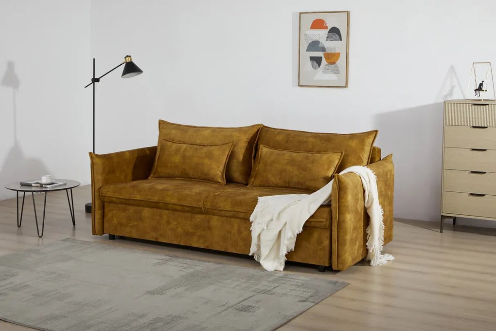 Rozkladacia pohovka APARTMENT 215 cm zamatová horčicovo žltá