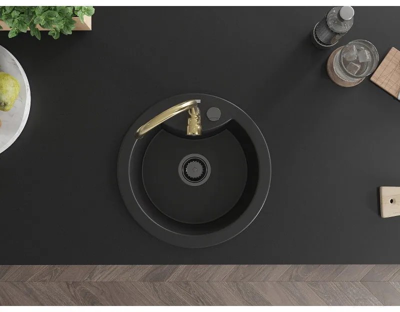 Mexen Diego, 1-komorový granitový drez 488x488x167 mm, čierny sifón, zlatá lesklá batéria Telma, čierna, 6512-77-670200-50-B