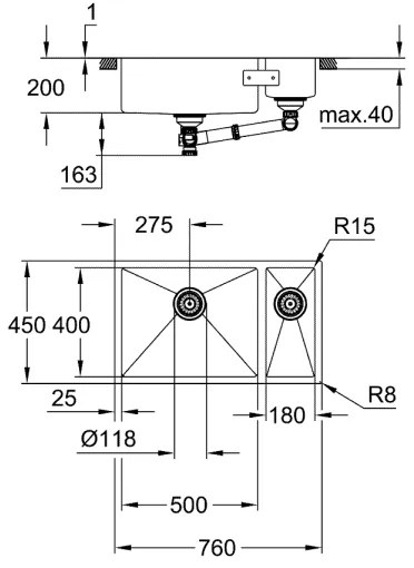 GROHE 31575SD1 - Kuchynský drez K700U, 760 × 450 mm, z nerezovej ocele