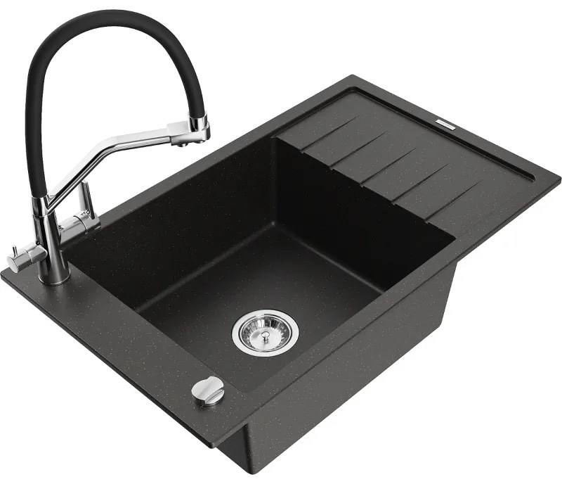 Mexen Elias, 1-komorový granitový drez 795x480x200 mm a drezová batéria Duo, čierna-zlatá metalíza, 6511-75-671701-07