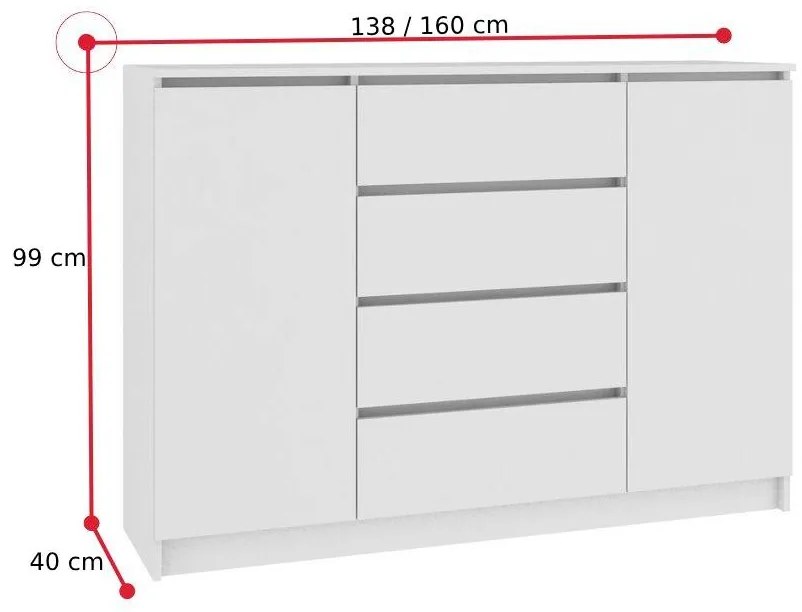 Komoda ARMARIA K140 2D4SZ, 138x99x40, biela/biela lesk