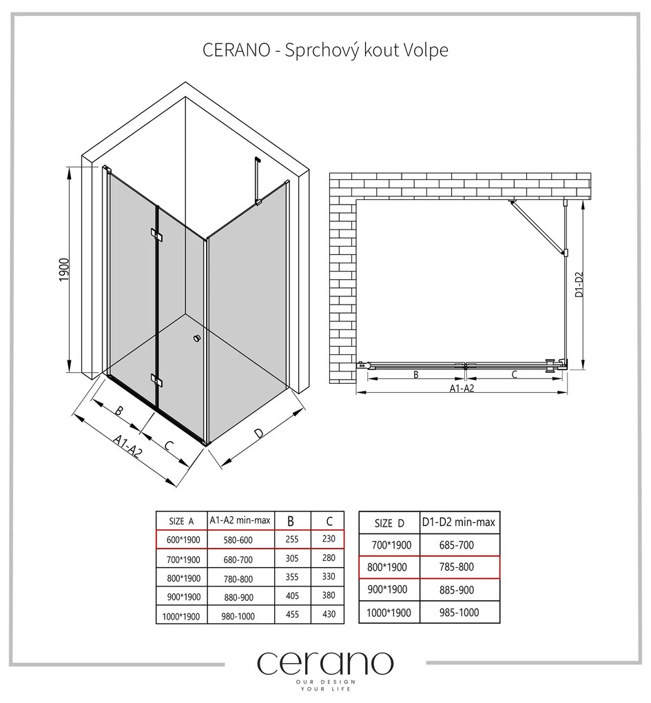 Cerano Volpe, sprchovací kút so skladacími dverami 60(dvere) x 80(stena), 6mm číre sklo, čierny profil, CER-CER-427285