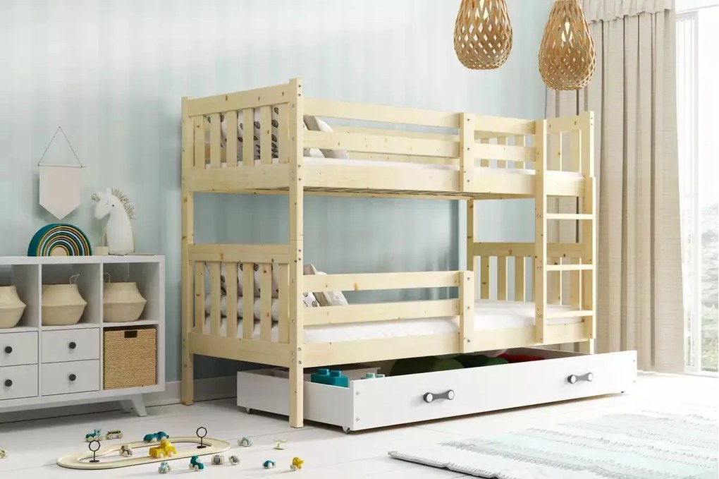 Poschodová posteľ so zásuvkou a matracmi NATURAL 200x90 borovica - biela