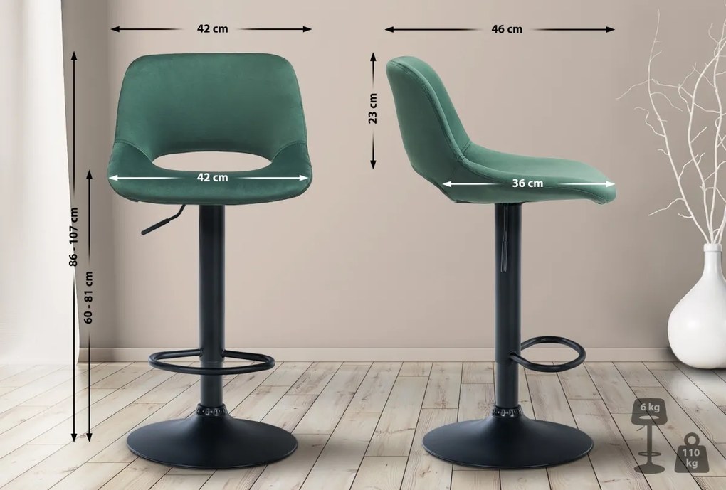 2x Barová stolička Camden - zamat, čierny rám - Zelená