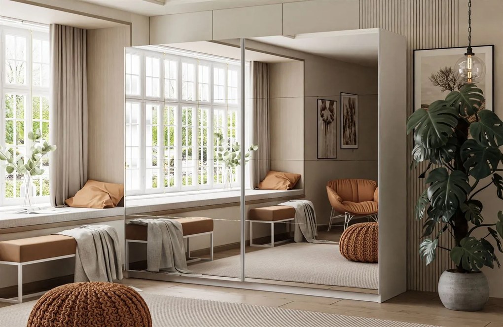 Šatníková skriňa s posuvnými dverami MARION biela ZRKADLÁ 244 x 215 x 62