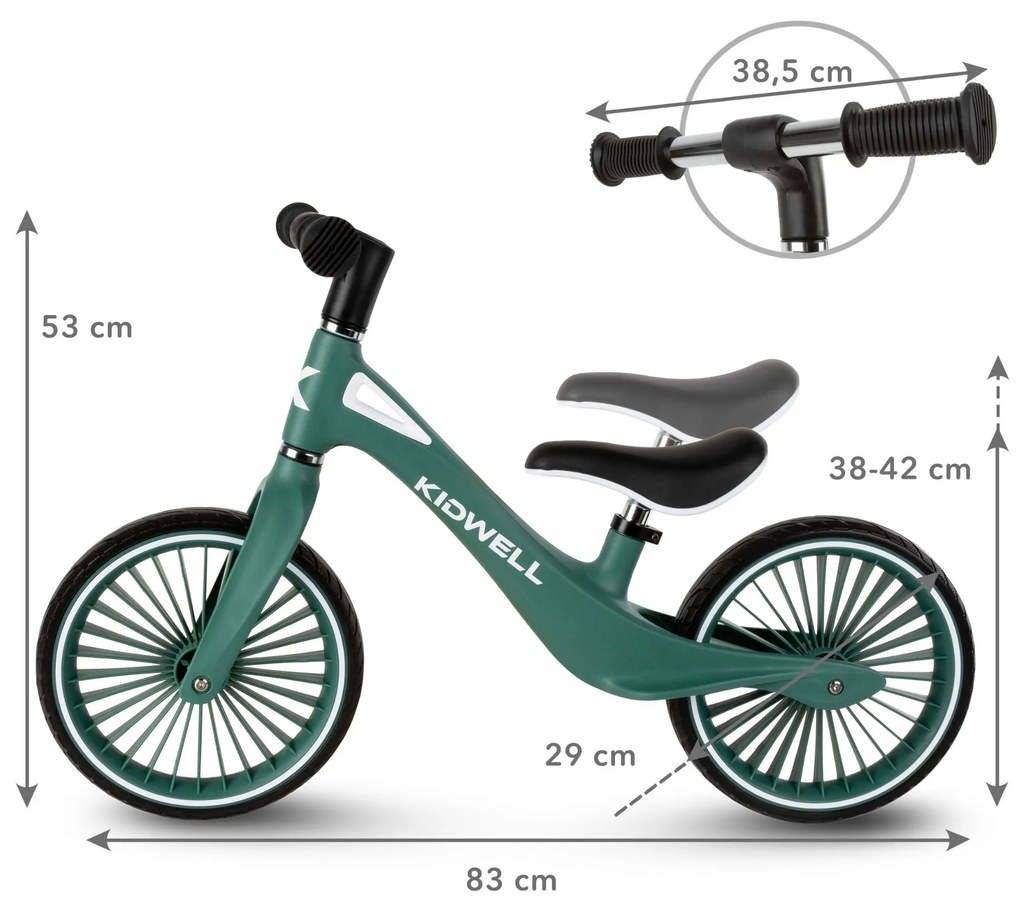 Kidwell NIX balančný bicykel tmavozelený – ľahký nylonový rám 3,05 kg, PU kolesá, EN71