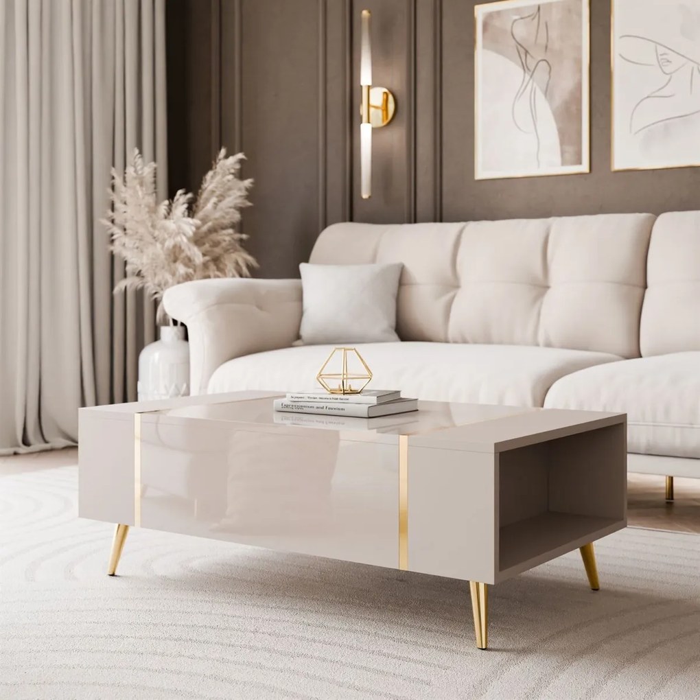 KONFERENČNÝ STOLÍK SANTINO NA NOŽIČKÁCH KAŠMÍR VYSOKÝ LESK / ZLATÝ