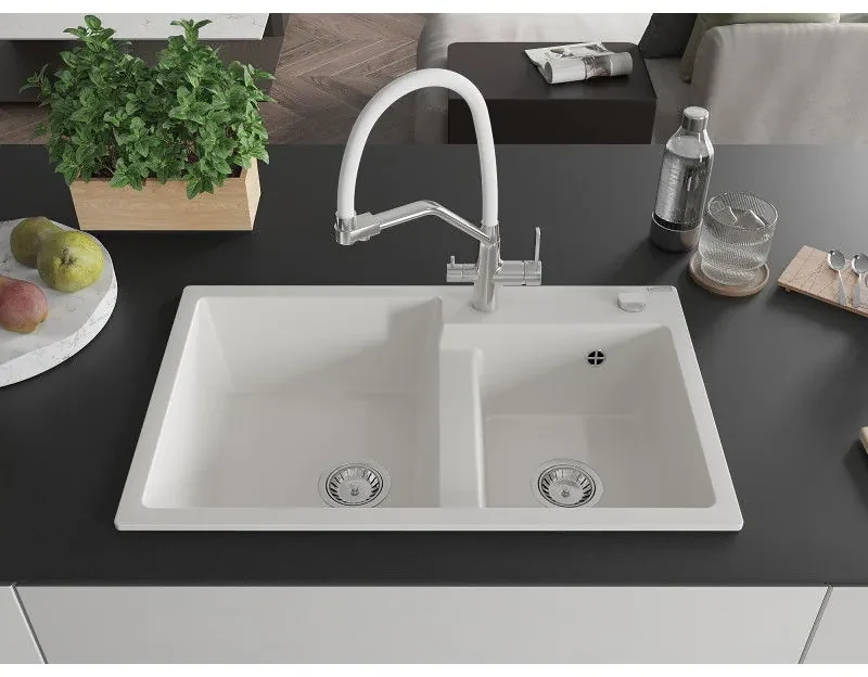 Mexen Tomas, 2-komorový granitový drez 800x500x190 mm  a kuchynská batéria Duo, biela, 6516-20-671701-02