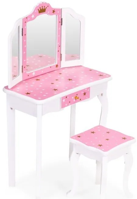 Detský kozmetický stolík s trojitým zrkadlom a taburetkou