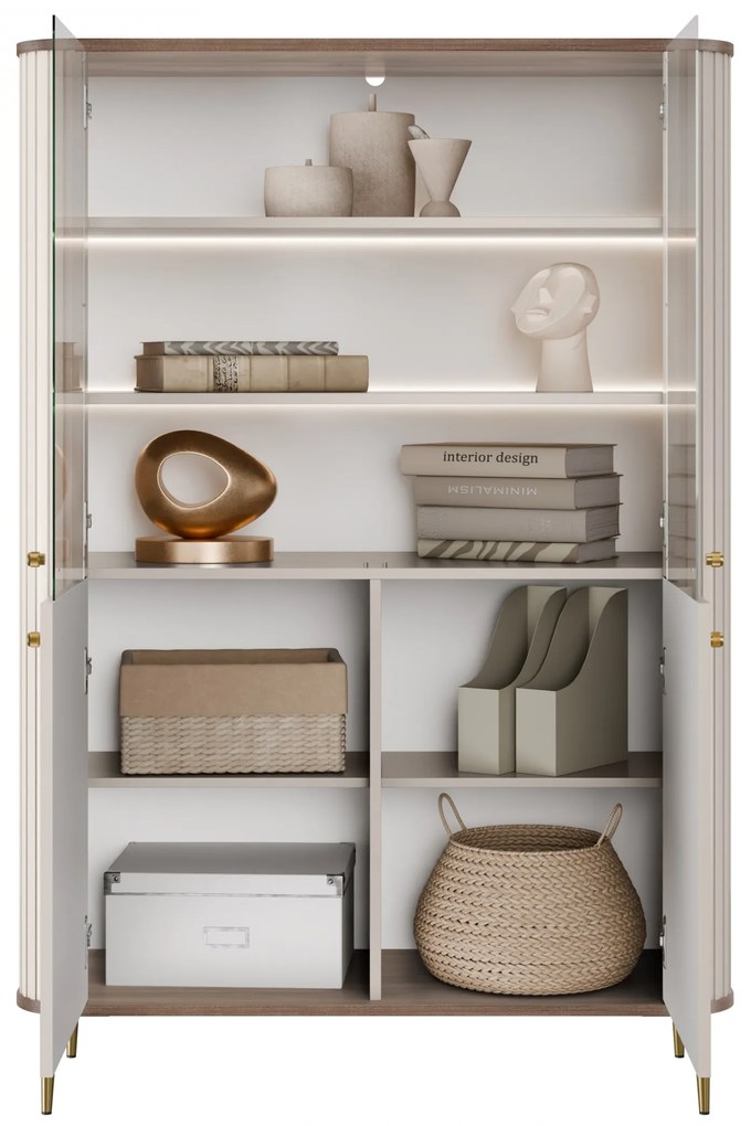 Vitrína Vesper 103 cm štvordverová - kašmír / orech / zlaté nohy