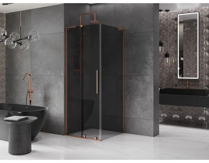 Mexen Velar L, sprchový kút s posuvnými dverami 90 x 90 cm, 8mm šedé sklo, ružové zlato, 871-090-090-43-60