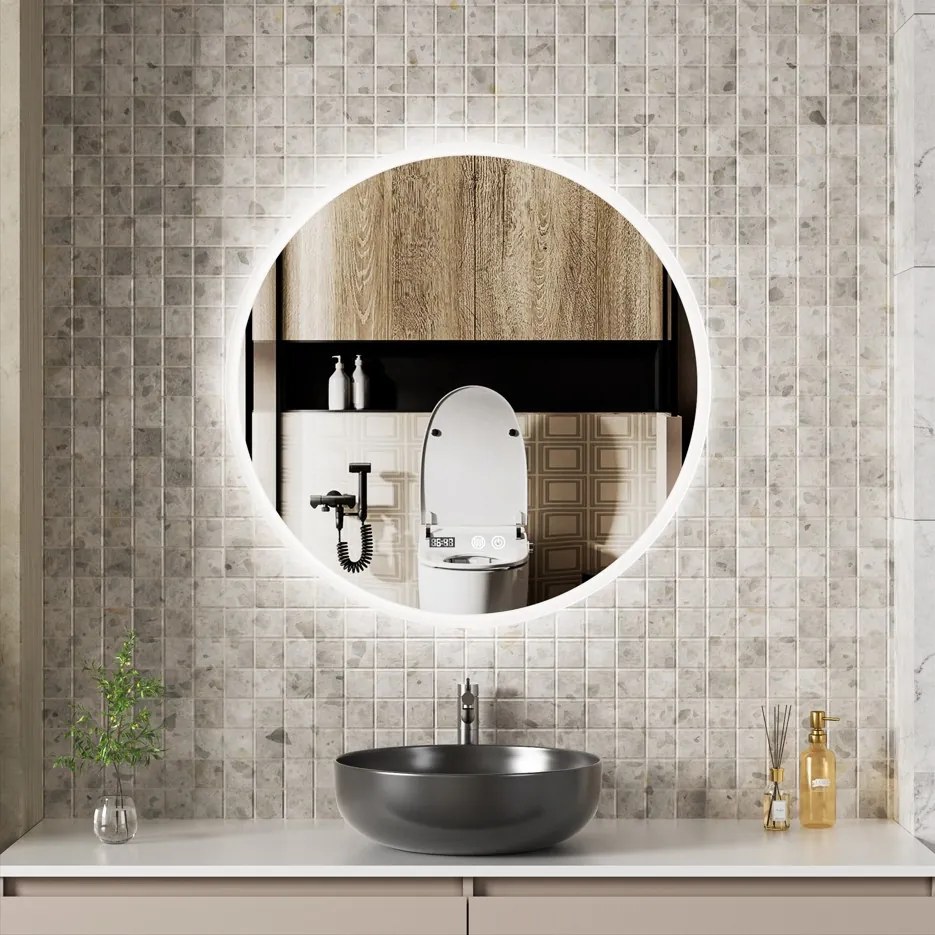 Erga Deam, okrúhle LED zrkadlo 80cm, 3 farby svetla, predné osvetlenie, vyhrievacia podložka proti zapareniu, ERG-V01-Deam-8080-CL