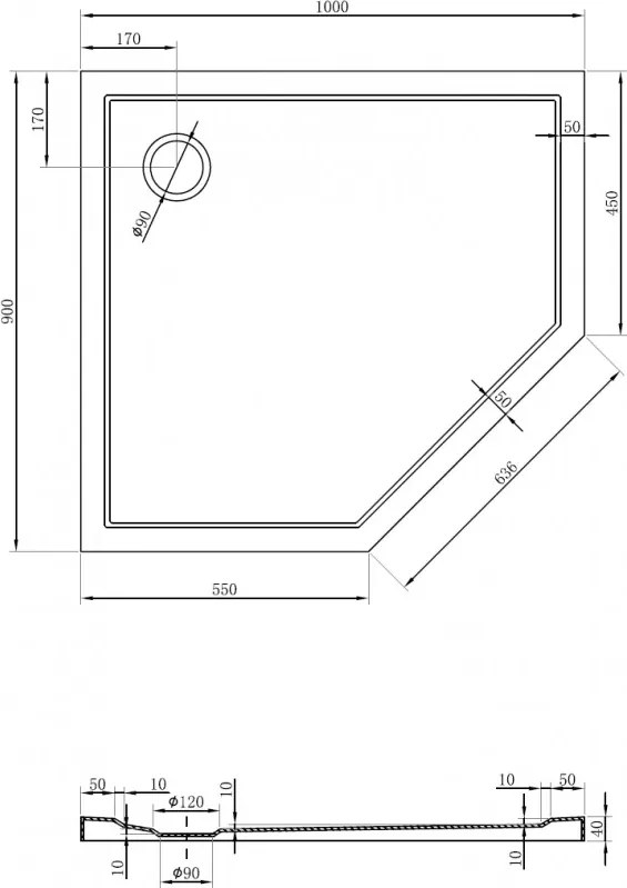 Mexen Flow, päťuholníková sprchová vanička slim 100 x 90 cm, ľavá, čierna matná - 46P709010L