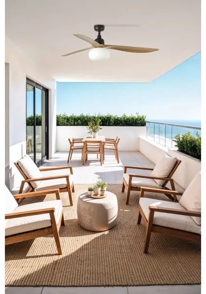 FARO 34360WT-11L – Stropný ventilátor OUTWOOD L, 1× E27 (max. 15 W), hnedá/čierna, priemer 150 cm, WT, IP44, s diaľkovým ovládaním