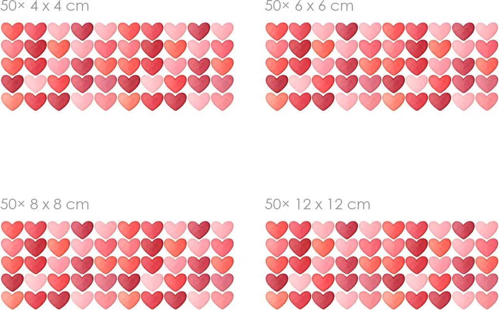 Akvarelové srdiečka červené 50 ks textilné preliepateľné nálepky na stenu 50 ks 4x4 cm
