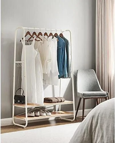 Stojan na oblečenie, s 2 policami, 6 háčikmi v tvare S, oceľový rám, dubová a biela farba