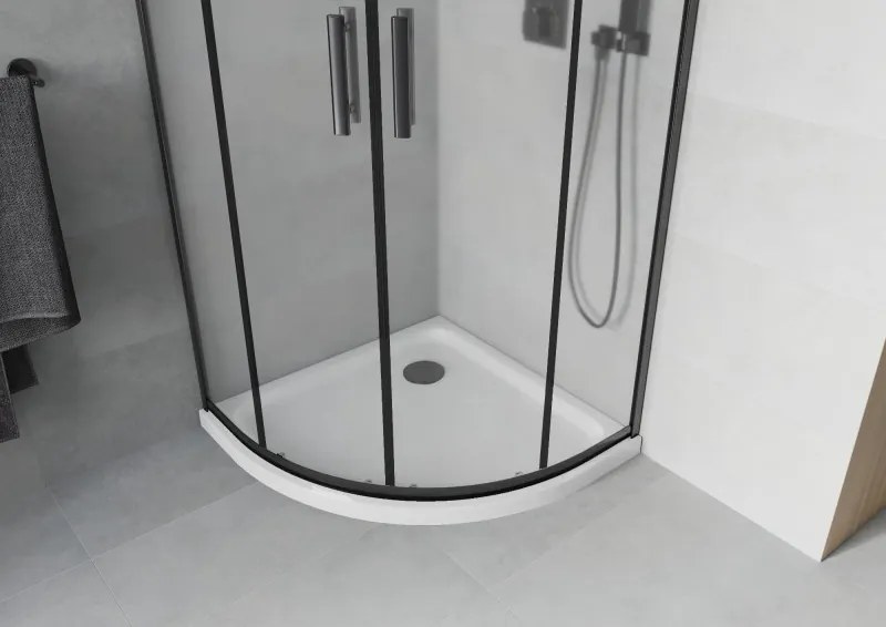 Mexen Rio, štvrťkruhový sprchovací kút s posuvnými dverami 80(dvere) x 80(dvere) x 190 cm, 6mm sklo námraza, čierny profil + biela sprchová vanička SLIM, 863-080-080-70-30-4110B