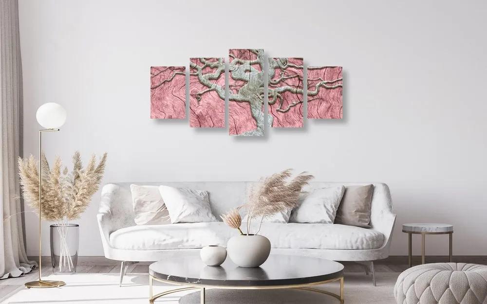 5-dielny obraz zaujímavý abstraktný strom na ružovom dreve