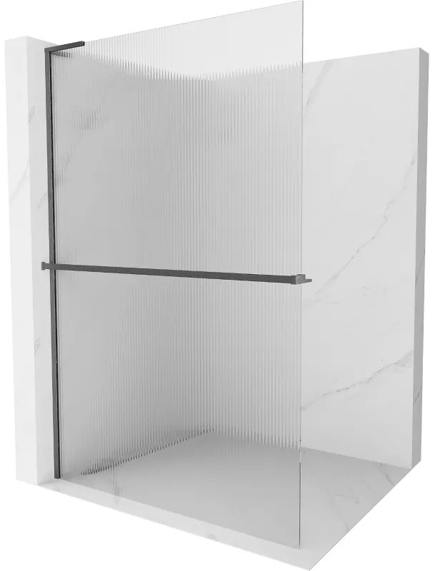 Mexen Kioto+ L, sprchová zástena Walk-In s poličkou a vešiakom 90 x 200 cm, 8mm sklo s rebrovým vzorom, grafitový profil, 800-090-123-66-09