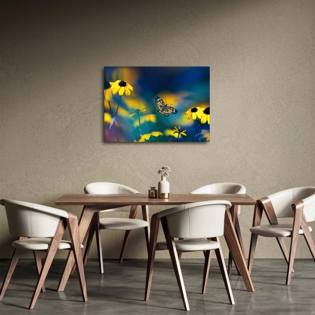 Obraz - Žltý motýľ s kvetmi (70x50 cm)