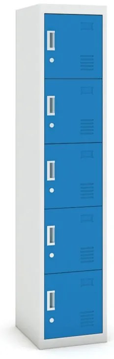 Šatníková skrinka s úložnými boxami, 5 boxov, 1800 x 380 x 450 mm, demont, cylindrický zámok, sivá/modrá