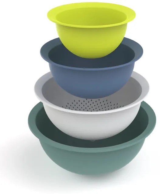 Rotho Plastové misky - súprava 3 kuchynských misiek a sitka CARUBA, mix farieb
