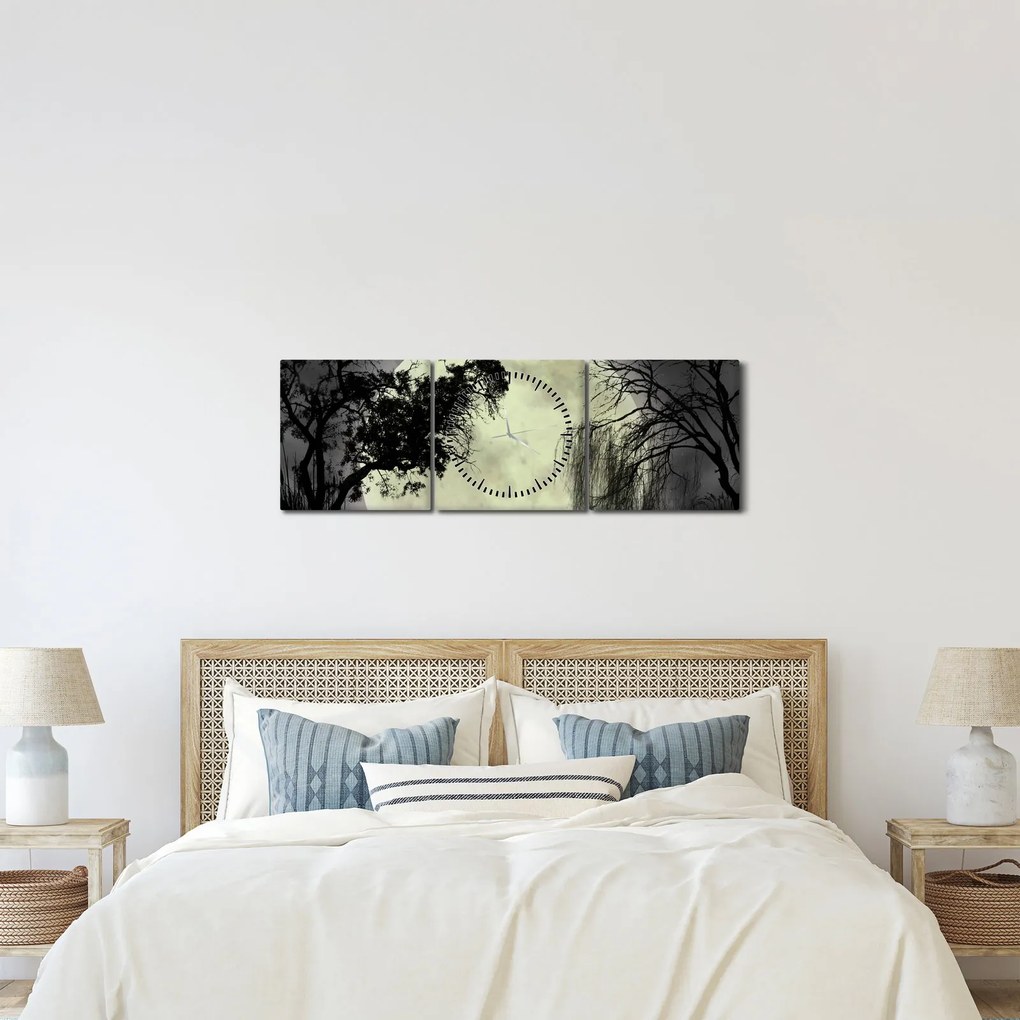 Obraz - Spln nad hladinou, čiernobiely variant (s hodinami) (90x30 cm)