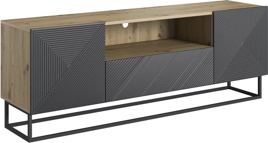 TV stolík Asha 167 cm so zásuvkou a kovovou podnožou - artisan / rivier stone mat