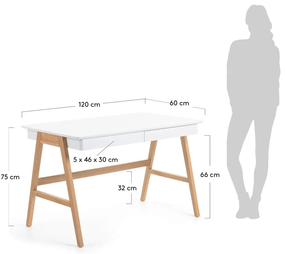 Pracovný stôl s bielou doskou Kave Home Ingo, 120 x 60 cm