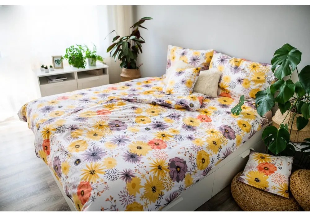Žlto-biele bavlnené obliečky na jednolôžko 140x200 cm LP Dita Daisy - Cotton House