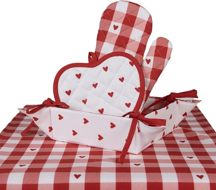 Bielo-červený károvaný košík na pečivo so srdiečkami Love It - 35*35*8 cm