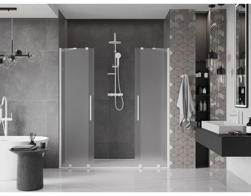 Mexen Velar Duo, posuvné sprchové dvere do otvoru 200 cm, 8mm sklo námraza, biela matná, 871-200-000-32-20