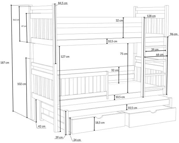 Detská poschodová posteľ z masívu borovice PETR s prístelkou a šuplíky - 200x90 cm - PRÍRODNÁ BOROVICA