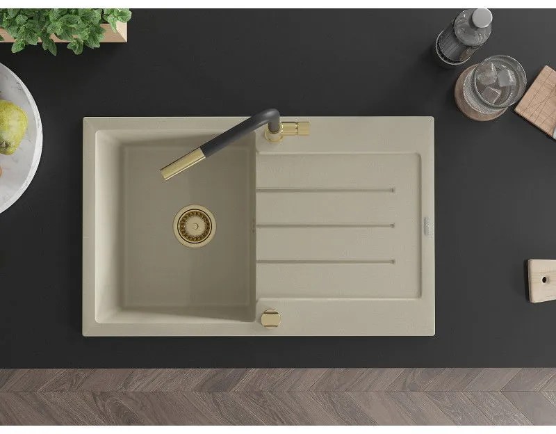 Mexen Bruno, 1-komorový granitový drez 795x495x200 mm a drezová batéria Flora, béžová, 6513-69-670401-57-G