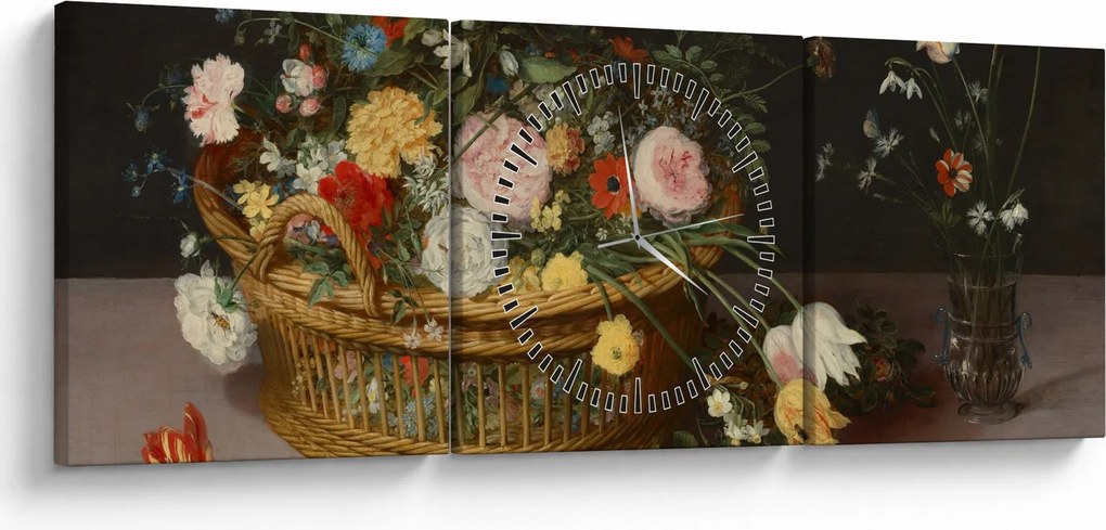 Obraz - Jan Brueghel the Elder, Flowers in a Basket and a Vase, reprodukcia (s hodinami) (90x30 cm)