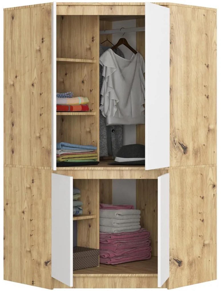 Rohová šatníková skriňa Sumergible (dub artisan + biela). Akcia -19%. Vlastná spoľahlivá doprava až k Vám domov. 1117400