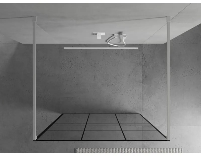 Mexen Kioto, priechodná sprchová zástena 120 x 200 cm, 8mm sklo číre/čierny vzor, 2x biela stabilizačná rozpera, 800-120-002-20-77