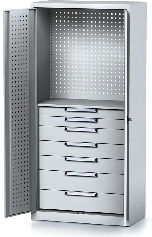 Policová dielenská skriňa 2-dverová MECHANIC, 1 polica, 7 zásuviek, 920 x 500 x 1950 mm, sivé dvere