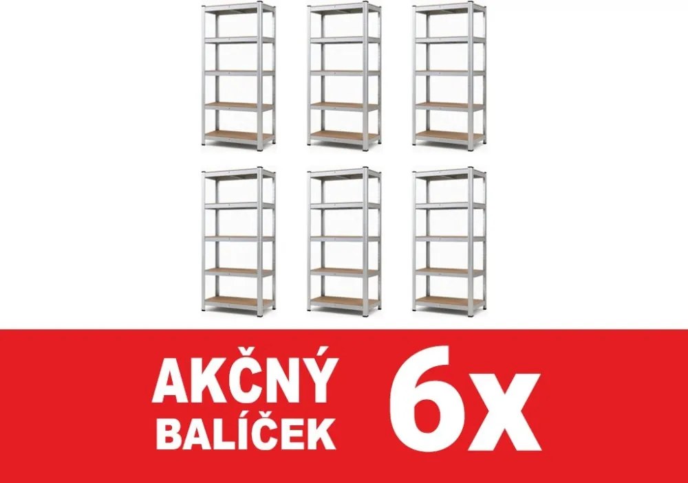 Akcia 6x Regál 180x100x30 cm pozinkovaný 5-policový, nosnosť 875 kg - 6ks